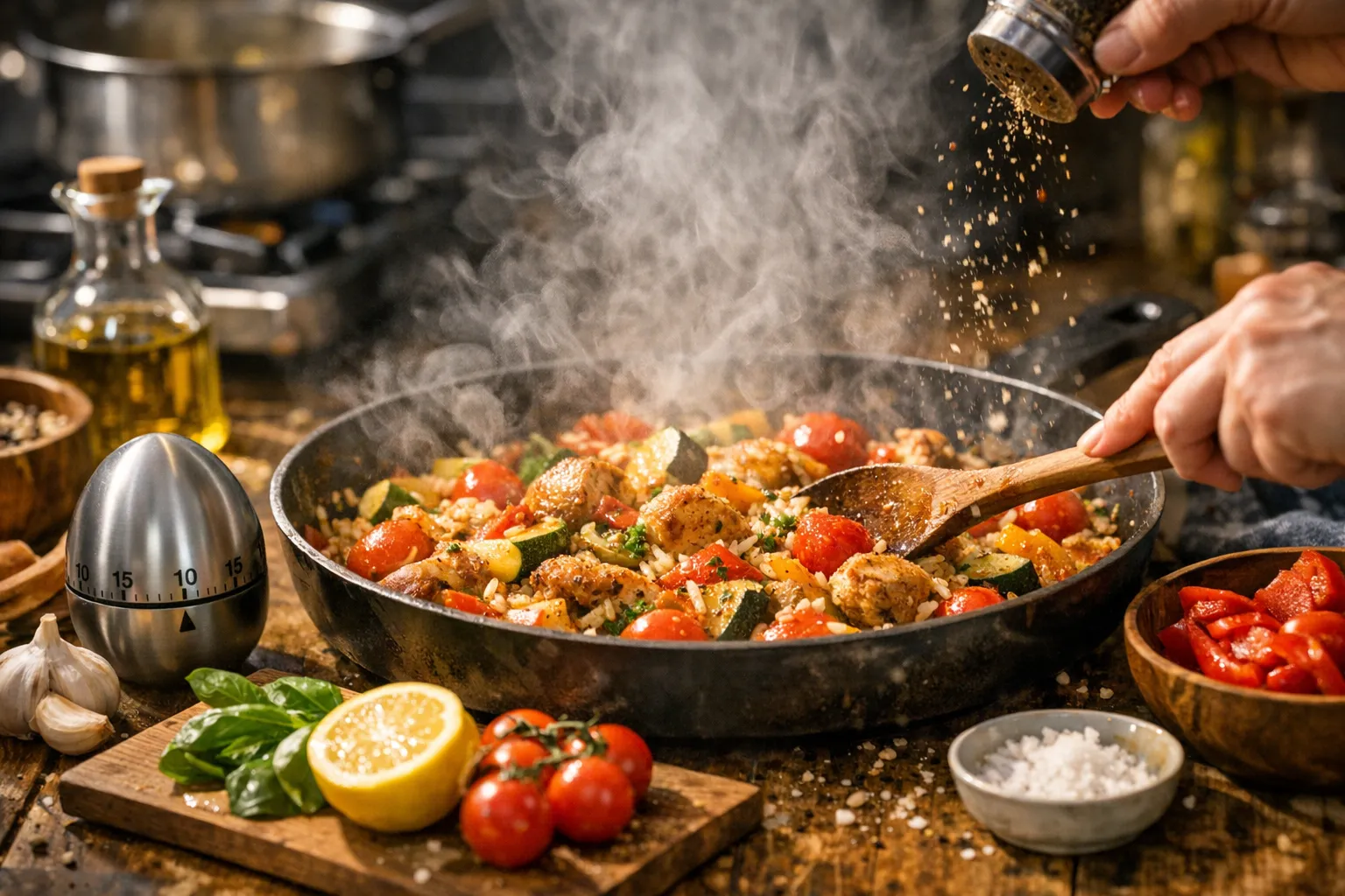 A quick weeknight dinner of lemon herb chicken with roasted vegetables plated on a kitchen counter with a timer showing under 30 minutes