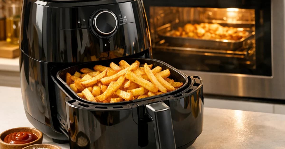 Air fryer next to a conventional oven with a conversion chart