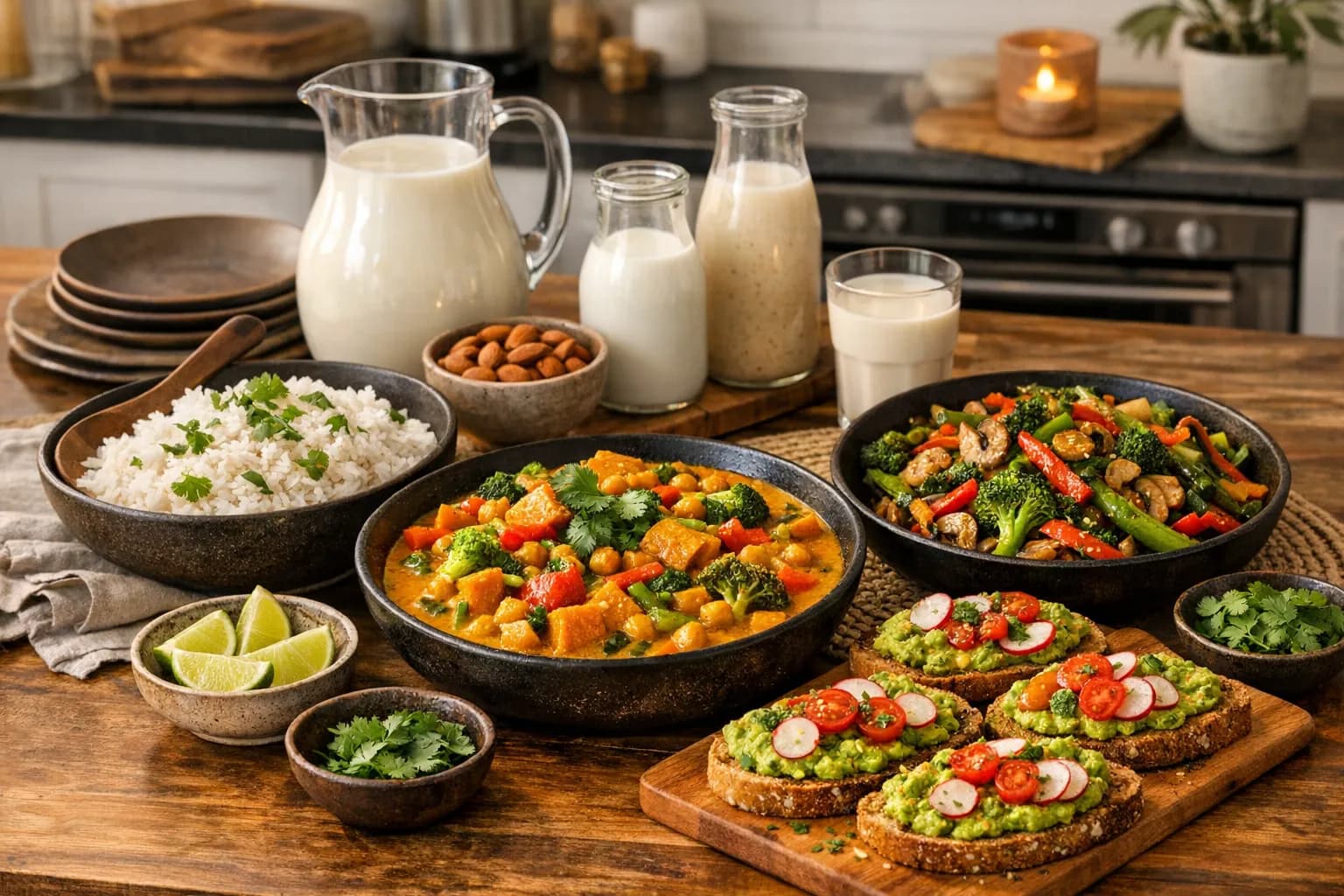 A family dinner table with colorful dairy-free dishes including a coconut curry, fresh fruit, and grilled chicken with vegetables