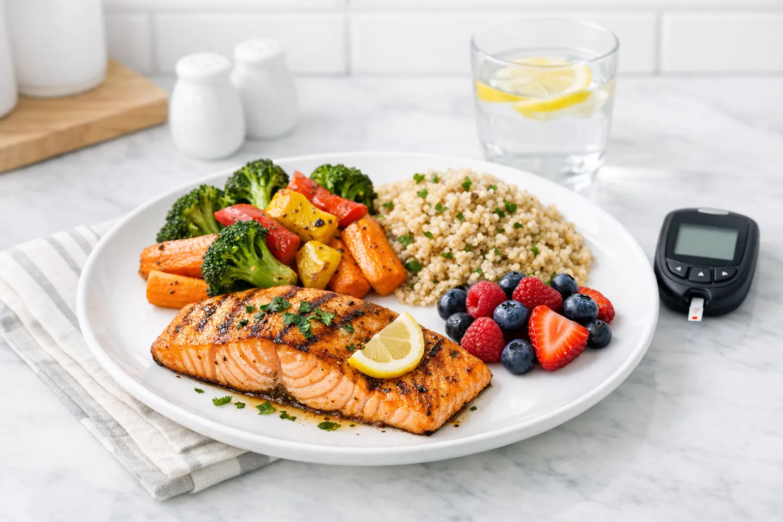 Un repas equilibre adapte aux diabetiques avec du saumon grille, des legumes rotis et du quinoa dans une assiette blanche