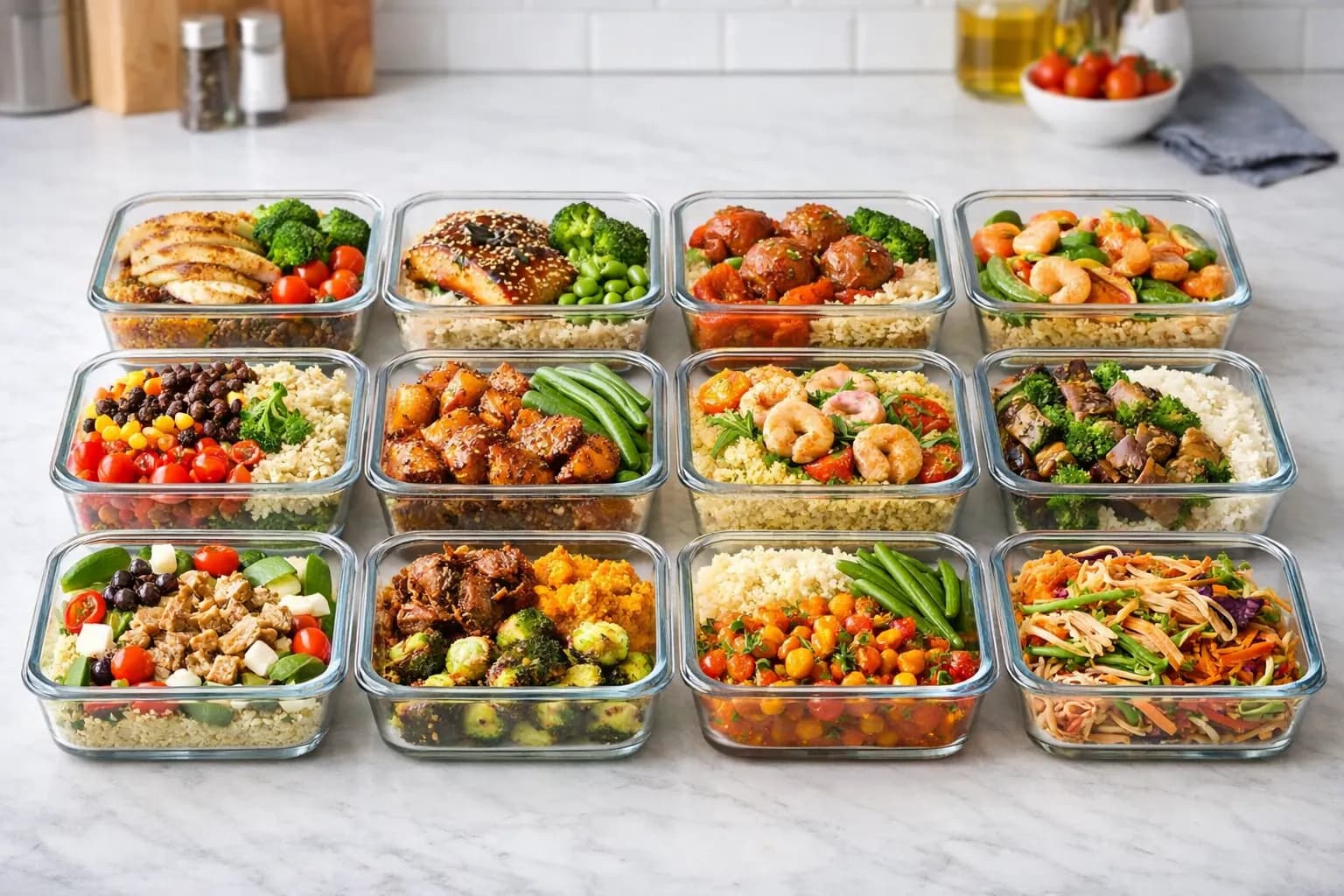 Meal prep containers with prepped ingredients and cooked meals on a kitchen counter