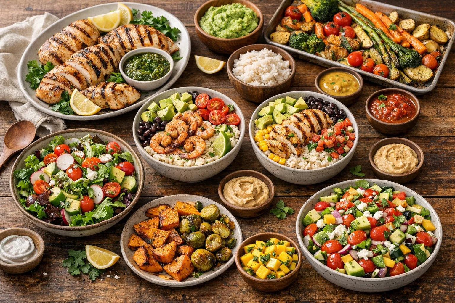 A family dinner table with colorful gluten-free dishes including grilled chicken, rice, and roasted vegetables