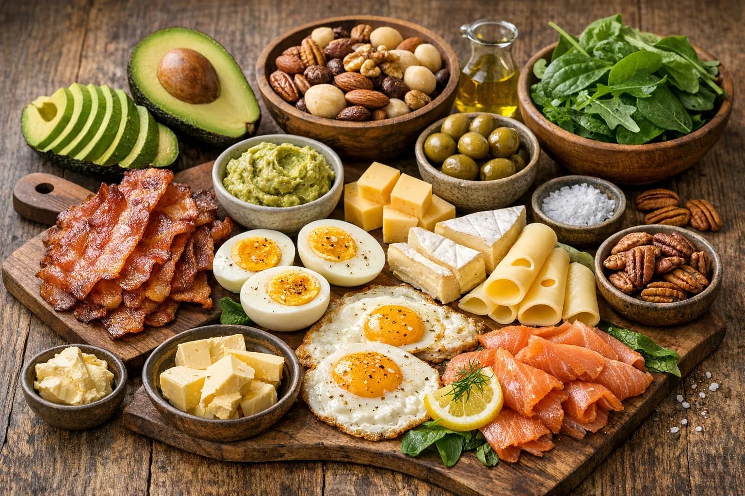 A spread of keto-friendly foods including avocado, salmon, eggs, nuts, and leafy greens on a wooden table