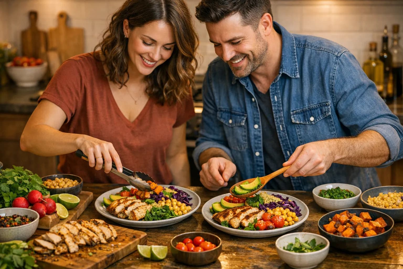 Un couple preparant un repas colore ensemble dans une cuisine moderne avec des ingredients frais sur le plan de travail