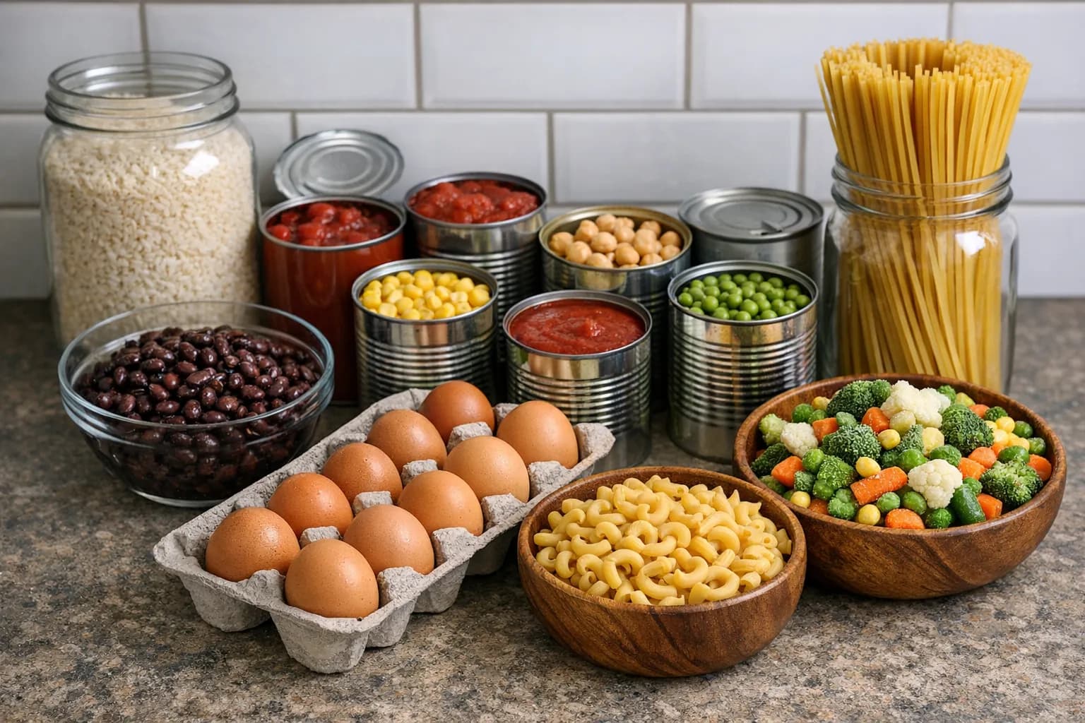 Affordable pantry staples and budget-friendly meals arranged on a kitchen counter