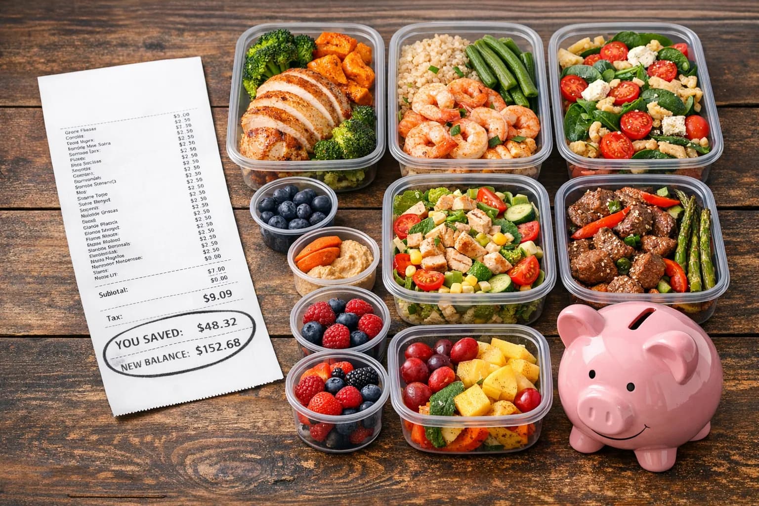 A kitchen counter with a meal plan, calculator, and organized groceries showing smart budget shopping