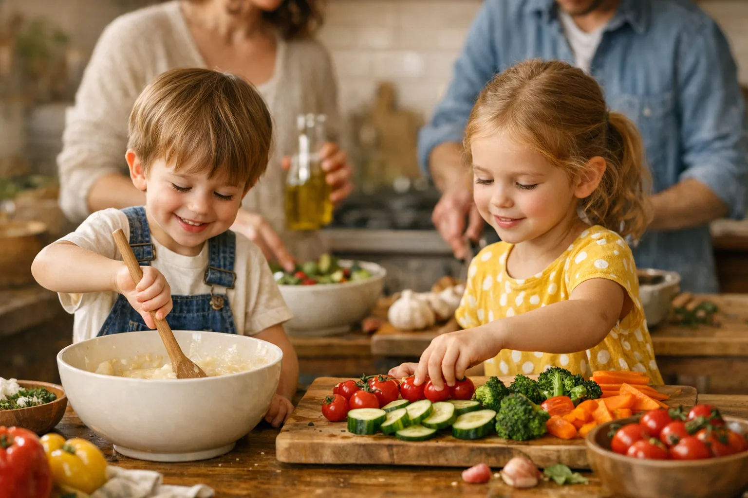 A parent and child cooking together in the kitchen, preparing ingredients for a family meal