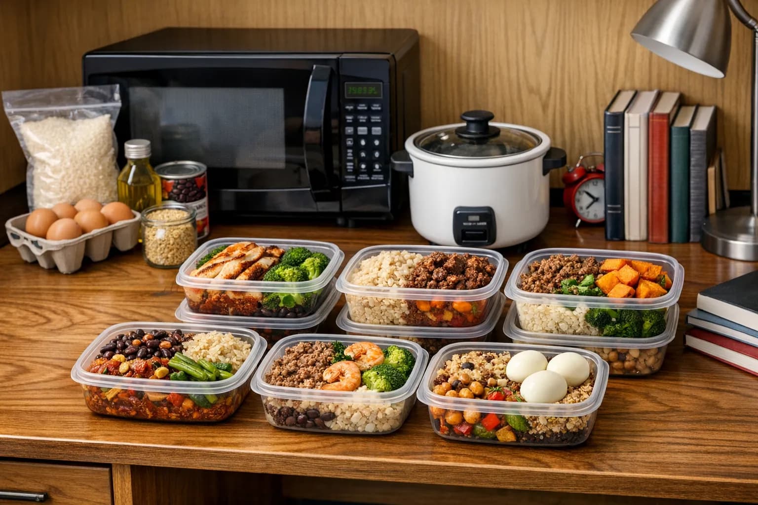 Un bureau de chambre universitaire avec des recipients de meal prep organises, un micro-ondes et un simple cuiseur a riz a cote de manuels scolaires