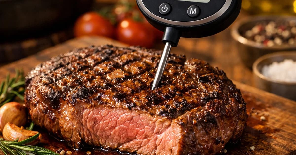 Meat thermometer showing safe internal temperature