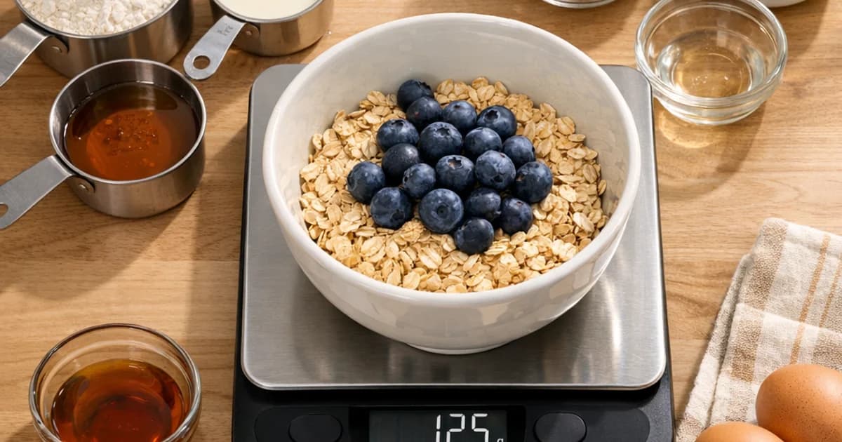 Measuring cups and ingredients for recipe scaling