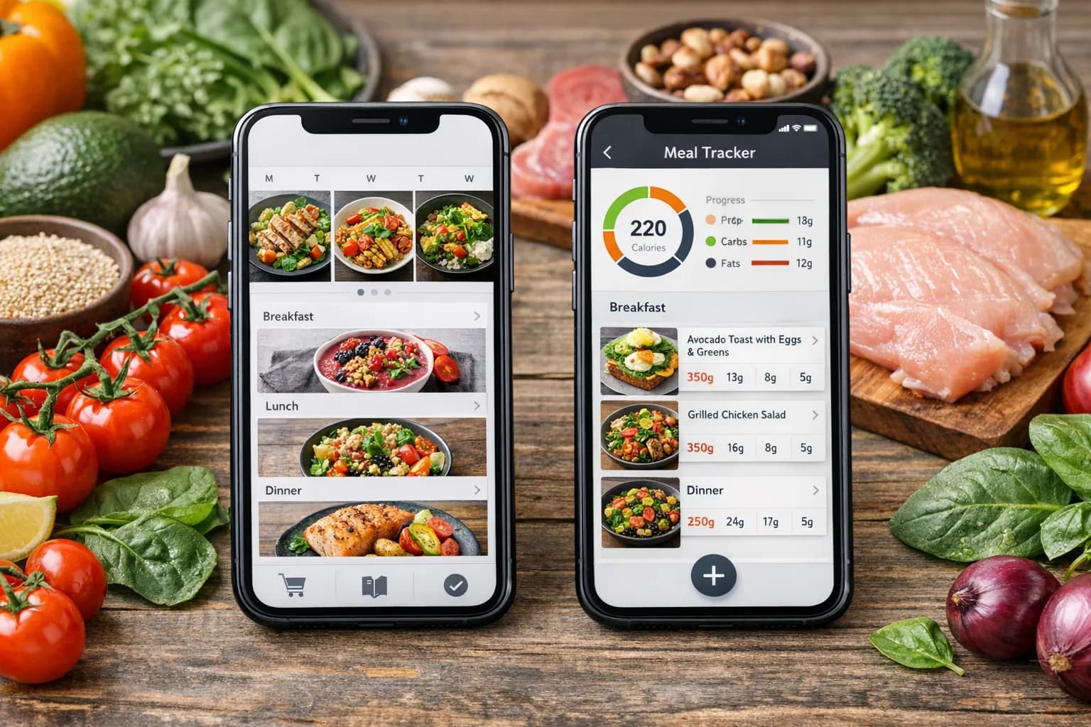 Split screen comparing two meal planning apps on mobile devices in a modern kitchen