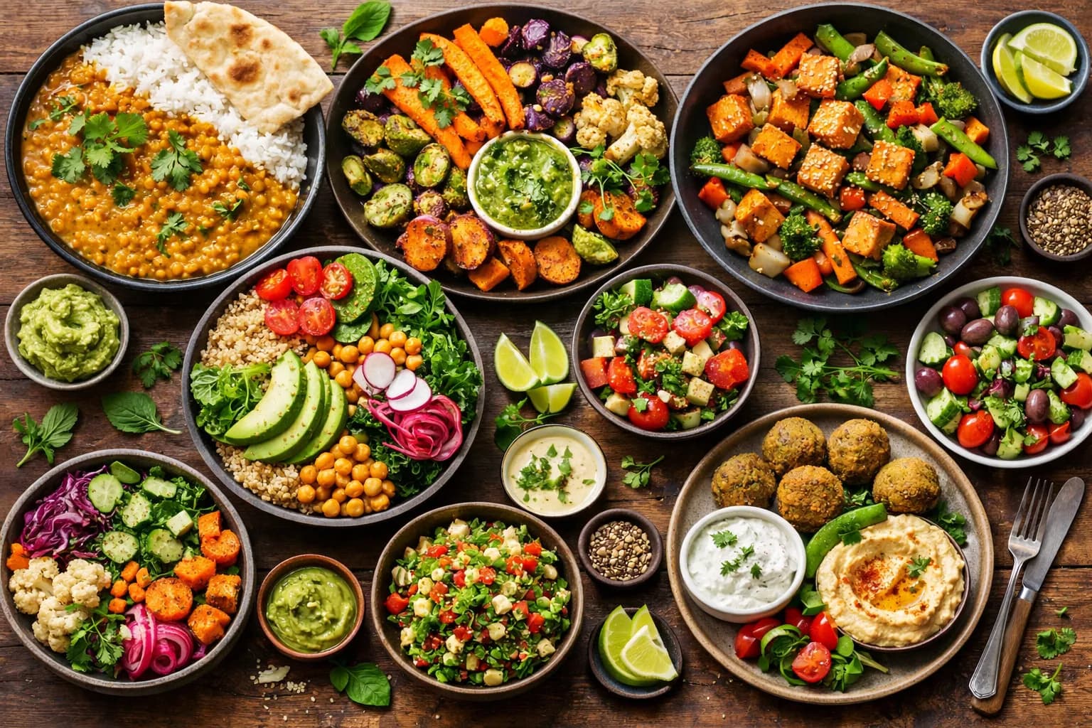 A vibrant spread of vegetarian meals including grain bowls, stir-fries, and fresh salads arranged on a wooden table