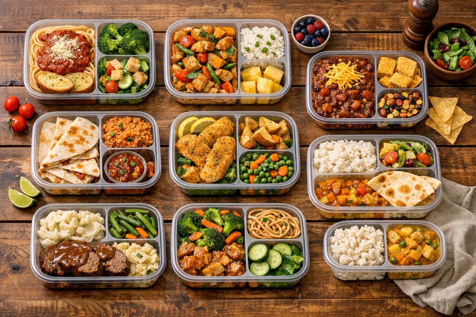 A week of budget-friendly family meals laid out on a kitchen table