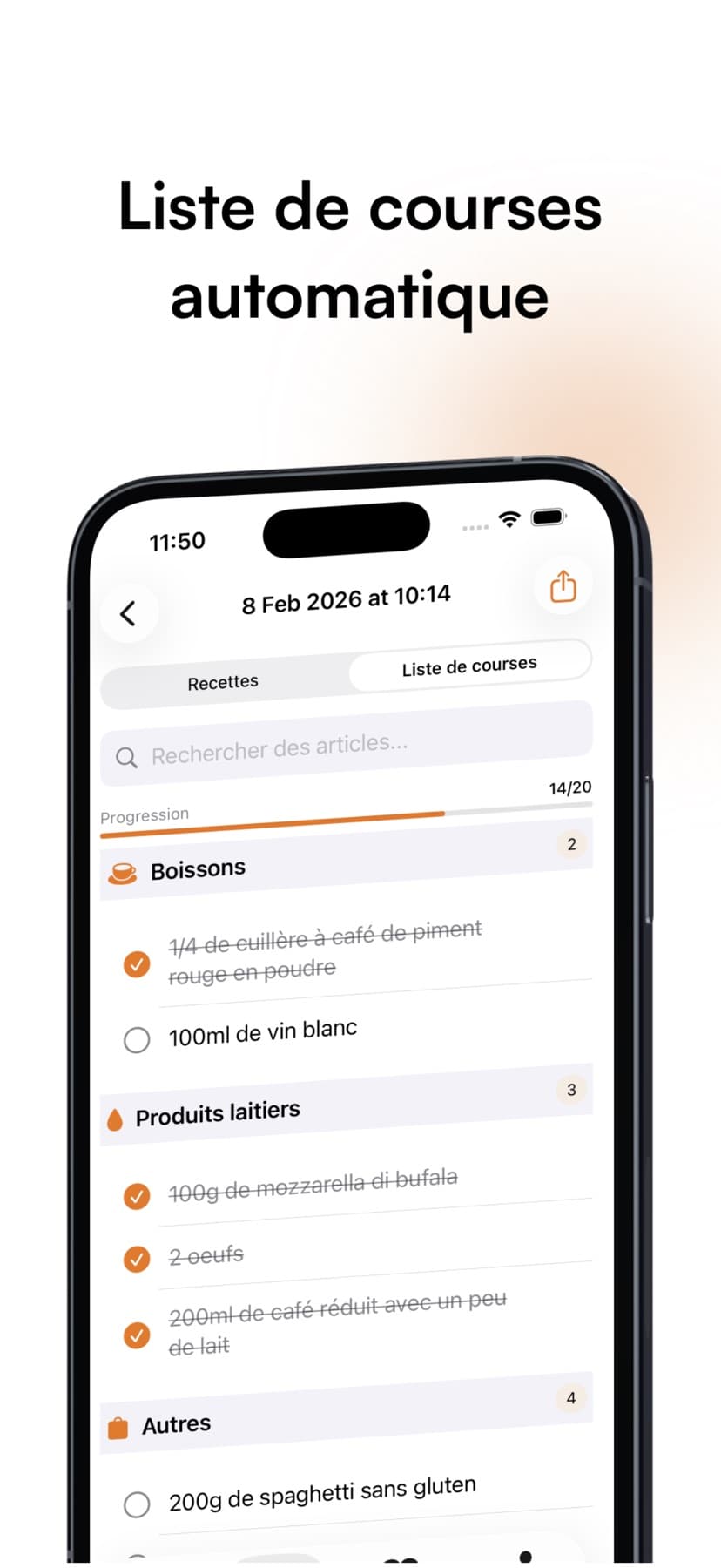 Meal Planner app showing Shopping list, sorted