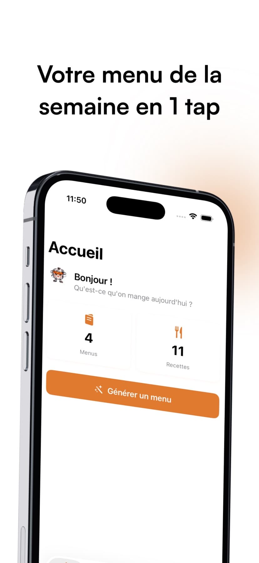 Meal Planner app showing A weekly menu in one tap